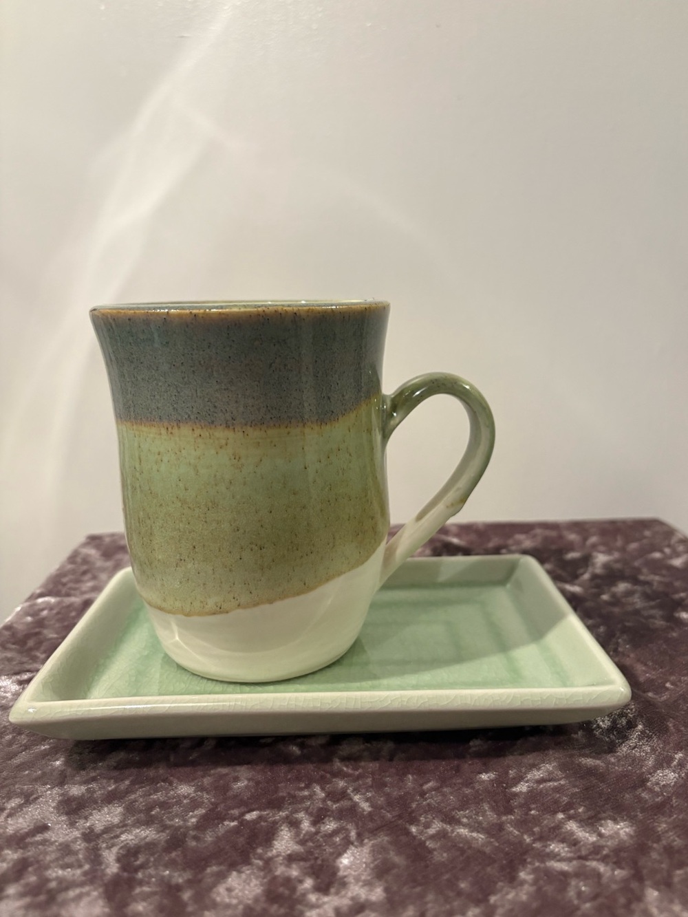 🍵set of Handcrafted pottery Mug and saucer in mint and dusty slate blue 🍵